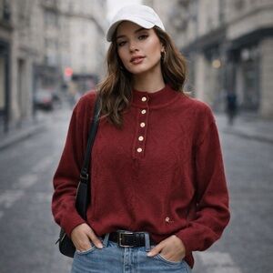 Montagut Burgundy Knit Sweater | French Size 5 | US Large | Button Mock Neck